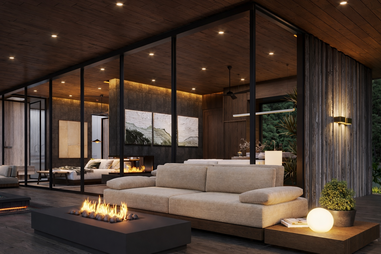 Suite interior with natural materials and fireplace