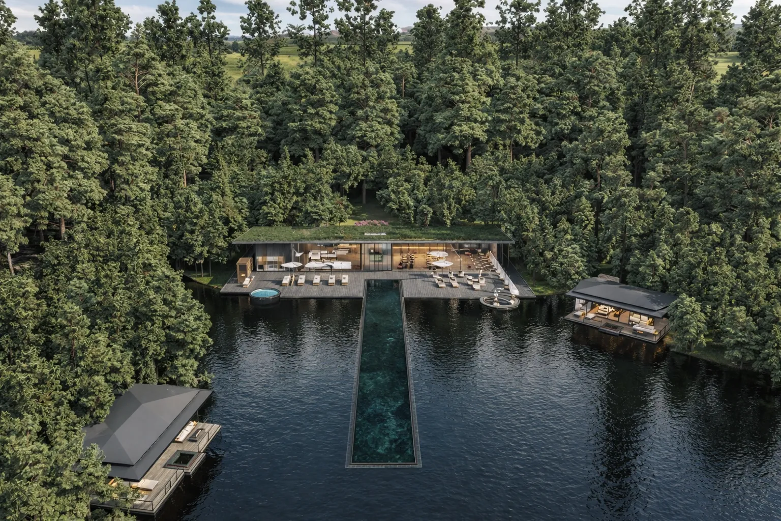 Aerial view of the infinity lake pool and lakeside suites