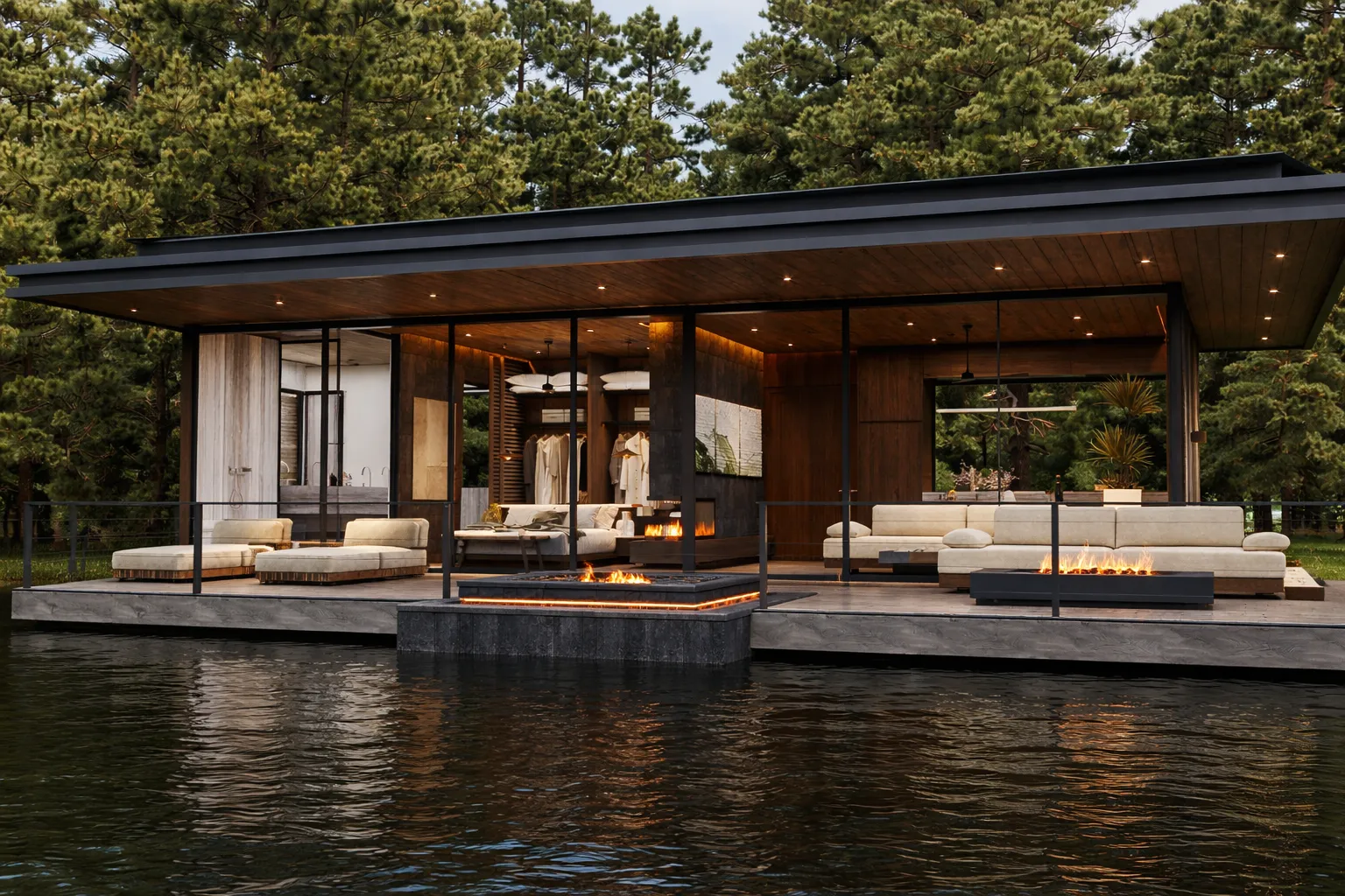 Lakeside suite deck overlooking the lake with fire pit
