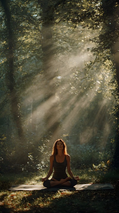 Wellness meditation in a sunlit forest clearing