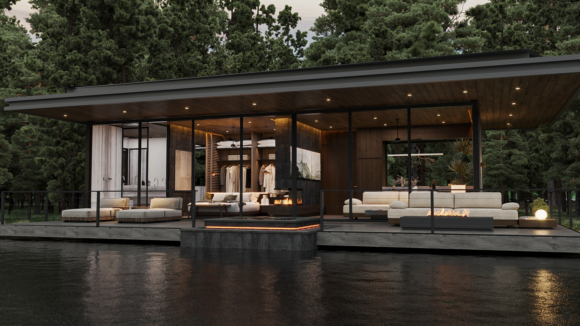 Lakeside suite deck overlooking the lake with fire pit