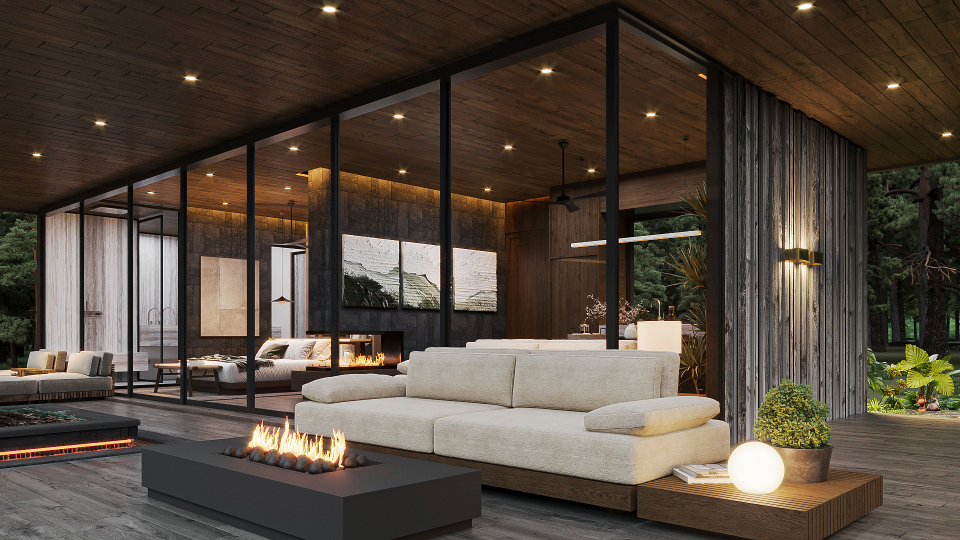 Suite interior with natural materials and fireplace