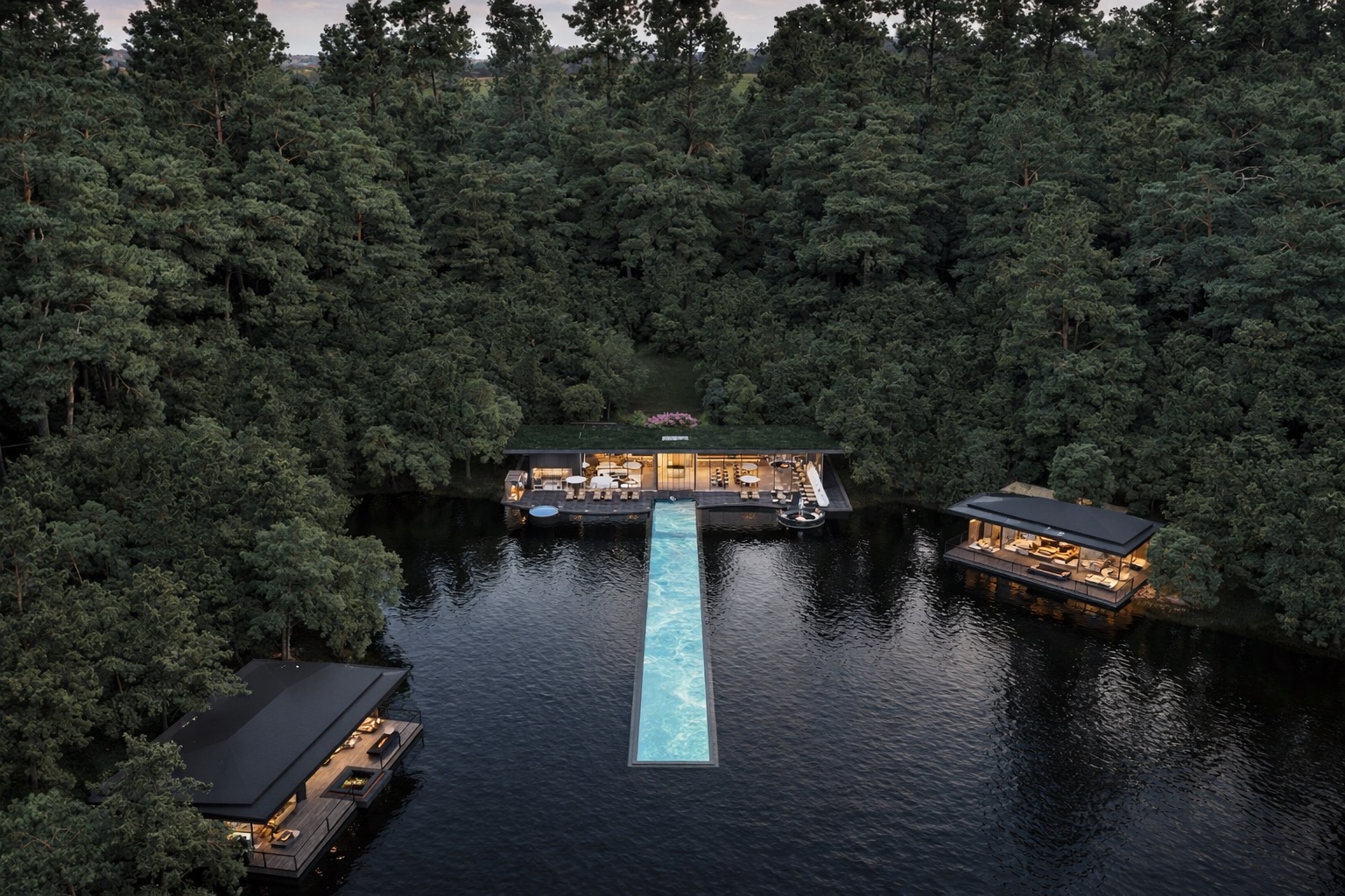 Aerial view of the infinity lake pool and lakeside suites